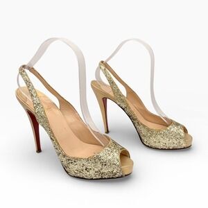 Christian Louboutin Very Prive COA Slingback 40.5 Gold Glitter Red Bottom Heels